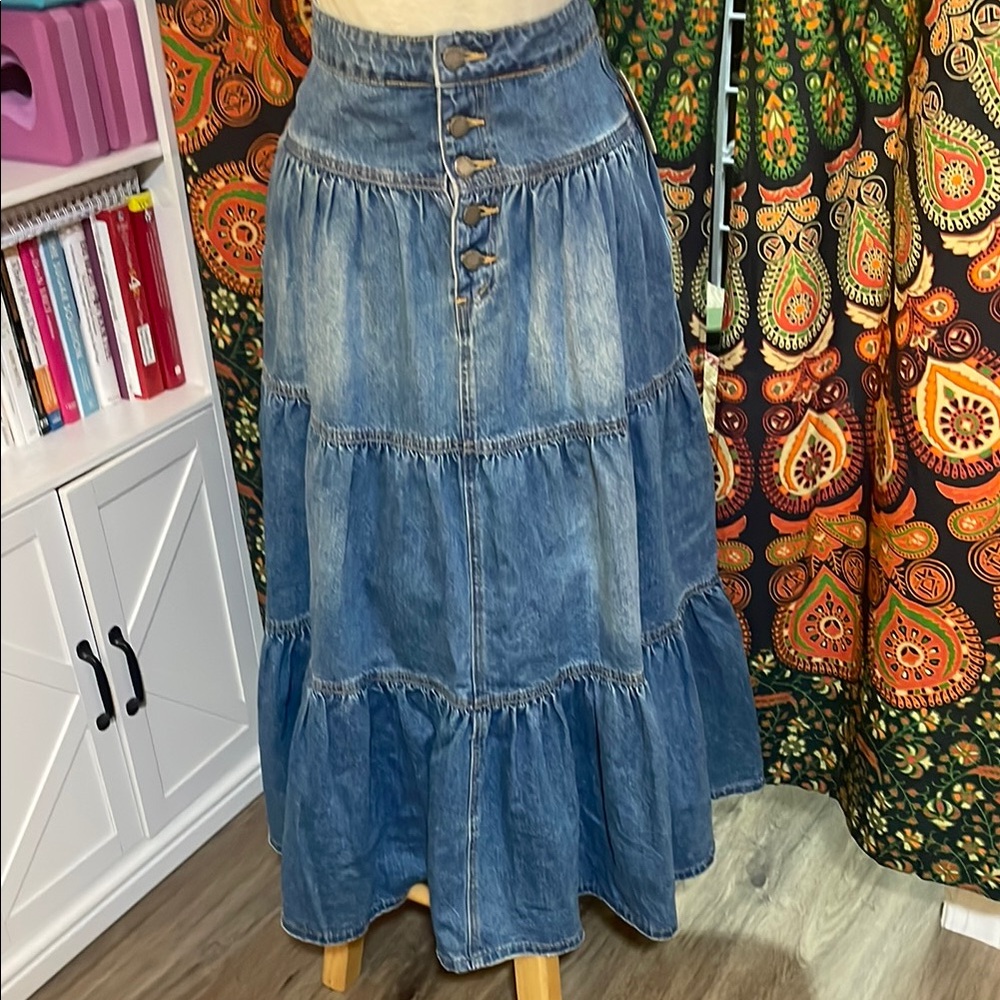 Casual Blue Tiered Maxi Bubble Skirt